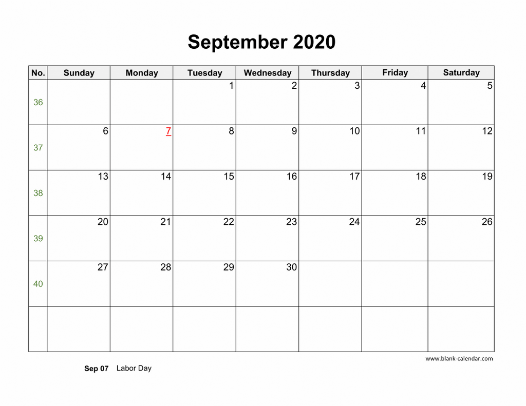 Download September 2020 Blank Calendar Horizontal