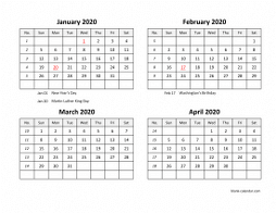 2020 Excel Calendar, four month in landscape format