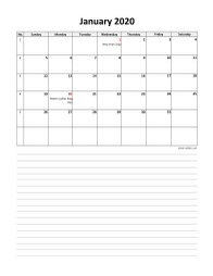 excel calendar 2020 space for notes