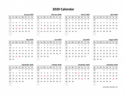 Yearly 2020 calendar template blank design