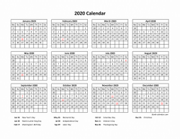 Yearly 2020 calendar with federal holidays