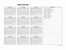Yearly 2020 calendar landscape