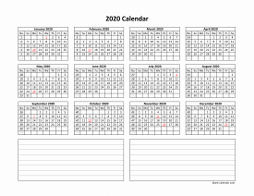 Yearly 2020 calendar template with space for notes