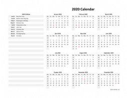 Yearly 2020 calendar with US holidays on the left