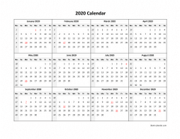 Yearly 2020 calendar template with simple design