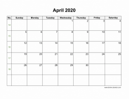April 2020 Blank Calendar (horizontal)