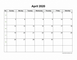 April 2020 Blank Calendar with US Holidays (horizontal)