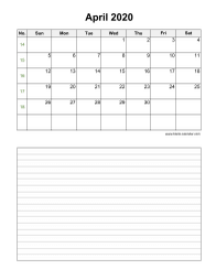 April 2020 Blank Calendar (vertical, space for notes)