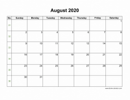 August 2020 Blank Calendar (horizontal)