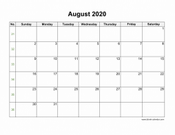 August 2020 Blank Calendar with US Holidays (horizontal)