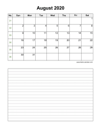 August 2020 Blank Calendar (Space for Notes, Vertical)