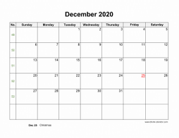 December 2020 Blank Calendar (horizontal)
