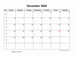 December 2020 Blank Calendar with US Holidays (horizontal)