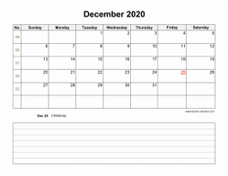 December 2020 Blank Calendar (horizontal, space for notes)