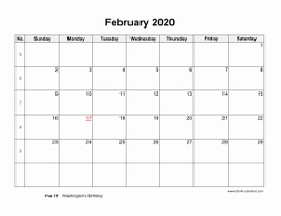 February 2020 Blank Calendar (horizontal)