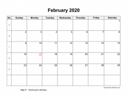 February 2020 Blank Calendar with US Holidays (horizontal)