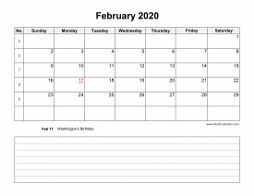 February 2020 Blank Calendar (horizontal, space for notes)
