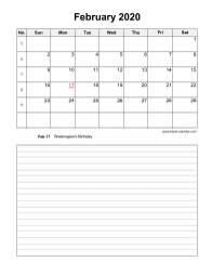 February 2020 Blank Calendar (vertical, space for notes)