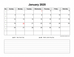 January 2020 Blank Calendar (horizontal, space for notes)