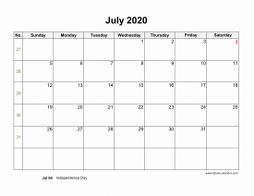 July 2020 Blank Calendar (horizontal)