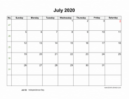 July 2020 Blank Calendar with US Holidays (horizontal)