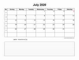 July 2020 Blank Calendar (horizontal, space for notes)
