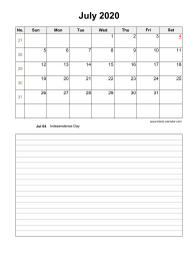 July 2020 Blank Calendar (vertical, space for notes)