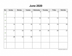 June 2020 Blank Calendar (horizontal)