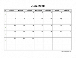 June 2020 Blank Calendar with US Holidays (horizontal)