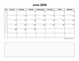 June 2020 Blank Calendar (horizontal, space for notes)