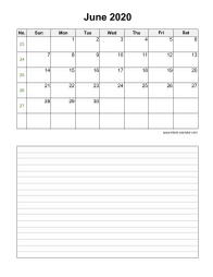 June 2020 Blank Calendar (Space for Notes, Vertical)
