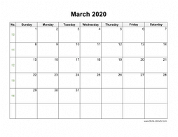 March 2020 Blank Calendar (horizontal)