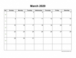 Blank Calendar for March 2020 (US Holidays, horizontal)