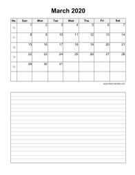 March 2020 Blank Calendar (vertical, space for notes)