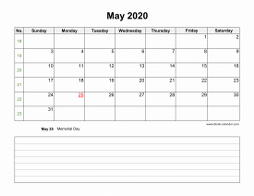 May 2020 Blank Calendar (Space for Notes, horizontal)