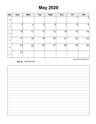 May 2020 Blank Calendar (Space for Notes, Vertical)
