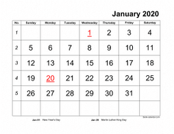 Monthly 2020 calendar with large font design, landscape orientation (horizontal)