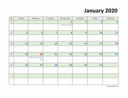 Monthly 2020 calendar with lots of space for notes for each day