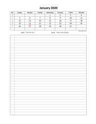 Monthly 2020 calendar with week numbers, space for appointment on the bottom