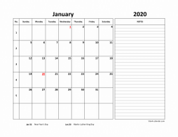 Monthly 2020 calendar with week numbers, space for notes on the right