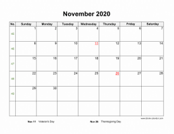 November 2020 blank calendar (horizontal)