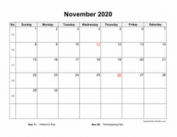 Blank Calendar for November 2020 (US Holidays, horizontal)