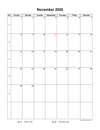 November 2020 Blank Calendar (US Holidays, vertical)