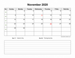 November 2020 Blank Calendar (Space for Notes, horizontal)