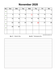 November 2020 Blank Calendar (Space for Notes, Vertical)