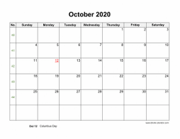 October 2020 Blank Calendar (horizontal)