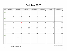 October 2020 Blank Calendar with US Holidays (horizontal)