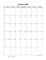 October 2020 Blank Calendar (US Holidays, vertical)