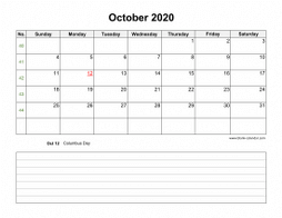October 2020 Blank Calendar (horizontal, space for notes)