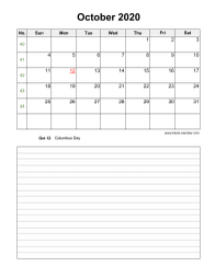 October 2020 Blank Calendar (vertical, space for notes)
